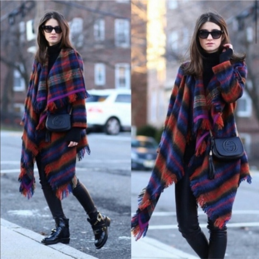 Anthropologie Hei Hei Multicolor Plaid Wool Blend Poncho XS/S